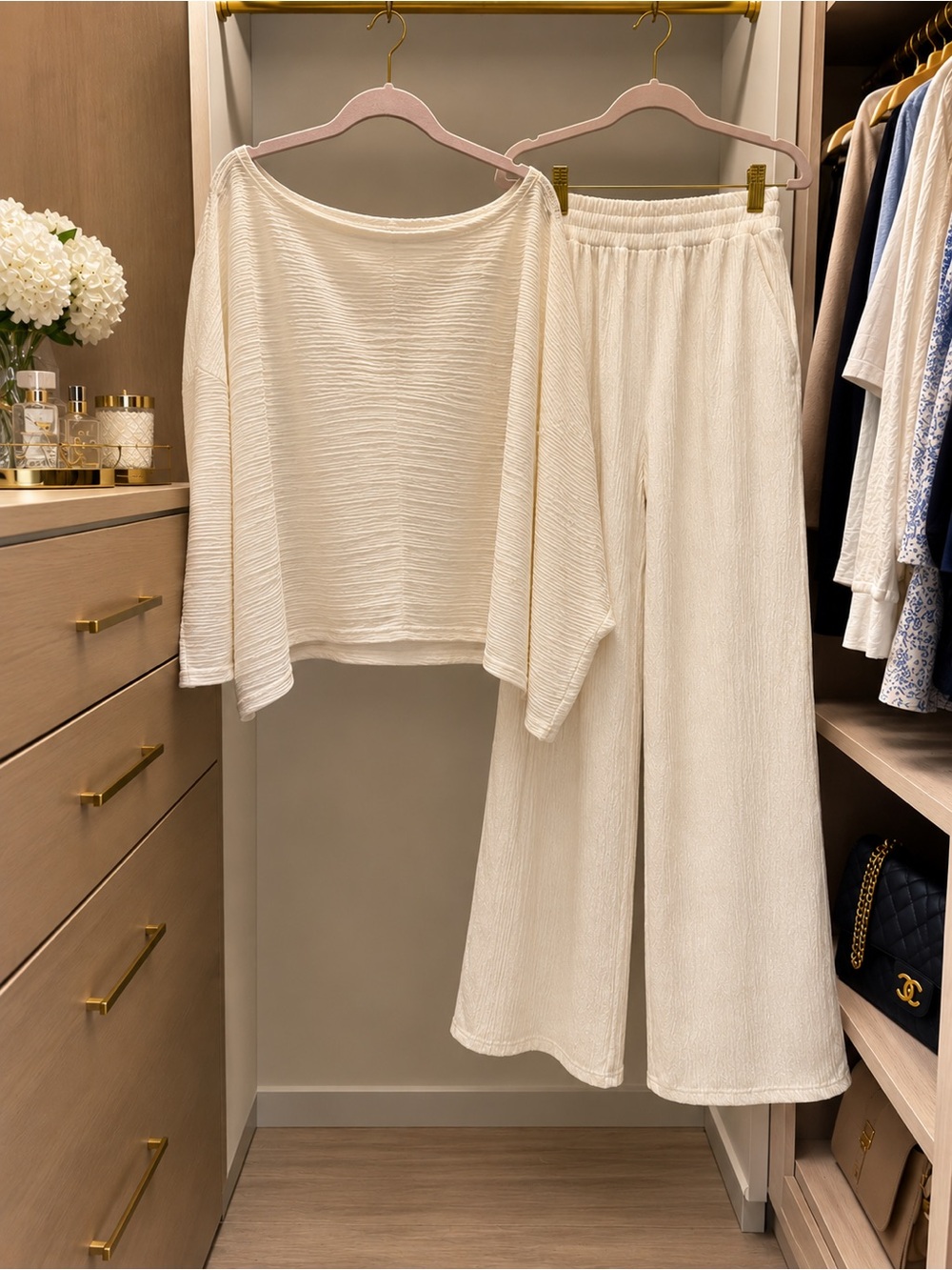 Cream Two-Piece Lounge Set - Relaxed Top & Wide-Leg Pants